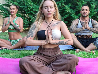 Naked Yoga Threesome with Bella Mur & Monika Fox - Outdoor Anal & Blowjob