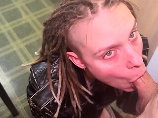Her leather jacked turned his on so hard that we nearly broke the table! Blowjob, doggystyle, missionary
