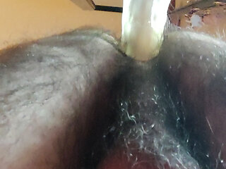 Suction cup dildo while waiting for a real