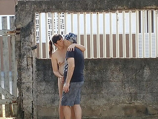 Amateur Brazilian Couple Naughty Flashing in Front Yard - Homemade Handjob with My Exhibitionist Wife