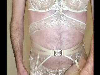 Crossdresser wearing Gold Aubade lingerie