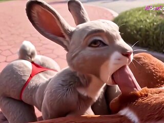 Nick Wilde bends busty bunny Judy over his desk outdoors & cums all over her cute face