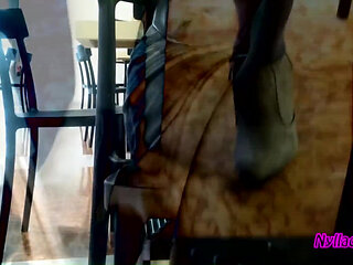 In the Bar Stroking My Husband with My Grey Mini Boots