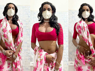Crossdresser in Pink Saree Jerking off