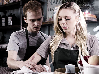 Blond hair babe barista fucks cheating BF in cafe