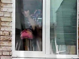 Naked Step mom washes window Step son spies on Step mommy. Naked in public. Spying