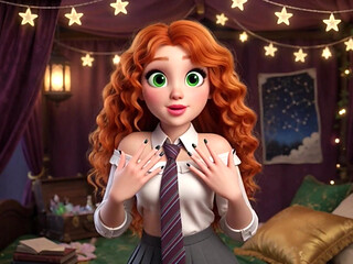POV One Full Week with Stunning Slim Curly Fiery Ginger Girl at Magical University in Vibrant 3D Cartoon Style