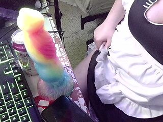 catboy maid fucks himself with a knotted dildo, squirts, fucks his thighs, pees on his paws, and cums for master while dirty talking
