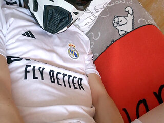 The Guy Is Wearing a Soccer Uniform and Mxhelmet with a Morning Cum