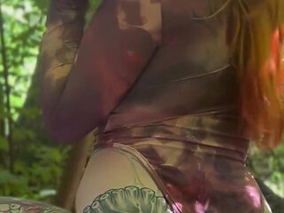 She Gets Caught Touching Herself in the Woods - French Amateur Hairy Redhead Exhibitionist