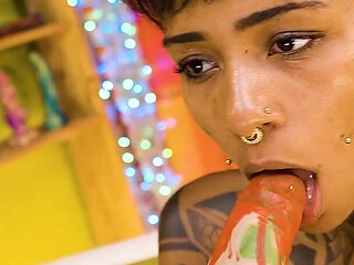 Tattoo Lesbians Hard Fuck with Strap-on - Squirting and Piss