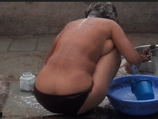 My elder sister-in-law&#039;s stepsister is bathing naked in red tights in the open bathroom at my house