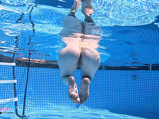 Skinny American Kat Outdoor Pool Voyeur: Underwater Striptease & Nude Swimming in 4K