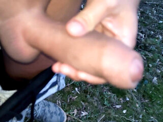 Pulling Foreskin Back and Forth on Glans and Cumshot Outdoor