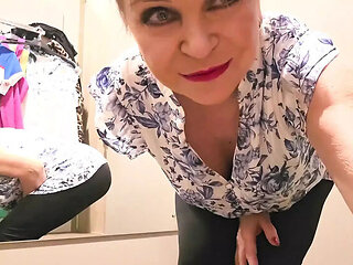 Discreet MILF Jenny Masturbates with Huge Natural Tits in Changing Room
