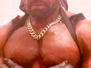 Biig Chested Black Muscle Dad Tit and Cock Play