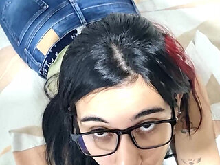 Slut enjoys sucking a big cock and filling her entire mouth with milk