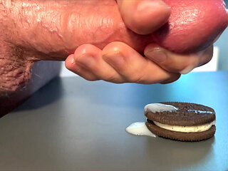 Cumming on Food - Covering an Oreo with a Huge Load of Cum - Close-up Cumshot on a Cookie