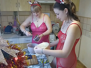 Making a sweet breakfast naked with my busty MILF friend