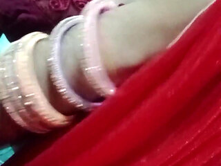 Indian Gay Crossdresser Bottom Gaurisissy Pressing Her Big Boobs and Feeling Horny in Red Saree with Heavy Jwellery