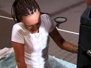 Young and cute girl banged and ass fucked by her trainer in the tennis court