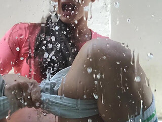 Huge Desperation Pee on the Glass Door