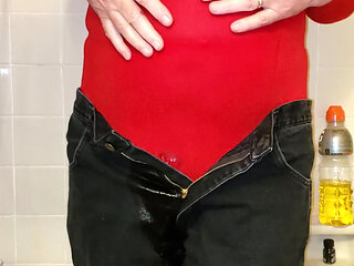 Cd pissing and pouring piss on nylon pantyhose leotard and jeans.