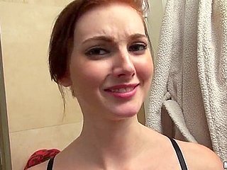 Gorgeous redhead Natalie Lust gives head after shower