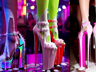 Hot Legs in hot heels on a counter in a nightclub with cum on legs, feet and high-heels