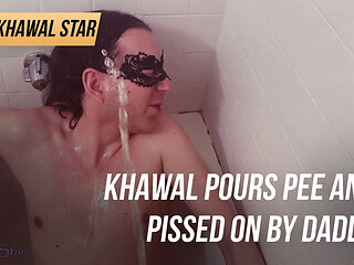 Khawal pours pee and pissed on by Stepdaddy