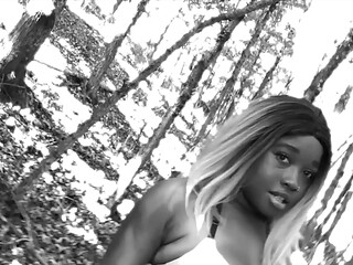 Thick ebony slut Nina Rivera plays with her pussy in the woods