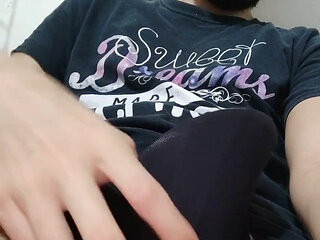 Jerking off inside my black undies and the cum oozes out