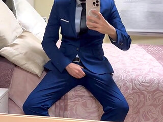 Hot Suited Stepdaddy Jerking off in Front of the Mirror