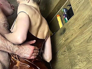 A Sporty Girl Does a Bike Workout Without Panties. Tired, She Goes to the Shower to Squirt.