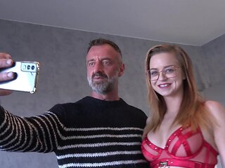 Redhead glasses wearing Joy in hot mmf threesome action