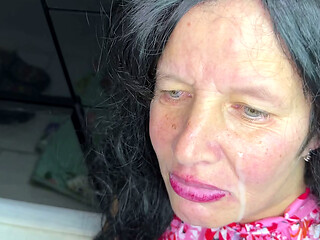 The stepmom got stuck in the washing machine and screamed for help, the stepson pulled her out, but first fucked her hard in anal, then she sucked and got cum on her face