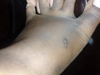 Cute plump african girl shows off her feet, black knees and light thighs for your enjoyment