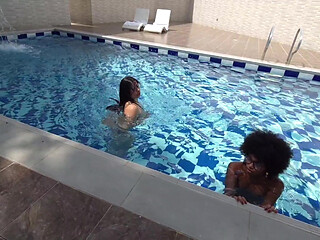 PART ONE.... IN THE POOL.. One day with my friend enjoying the sun and sex, they fill our faces with milk DON'T MISS IT