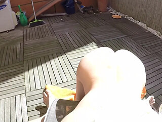 Got horny at home on the balcony and then fuck