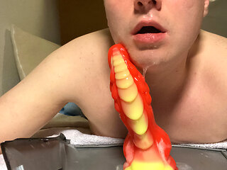POV Gay Bottom Solo: Deep Dildo Fuck in Doggy Position - Real Cum Release on Camera