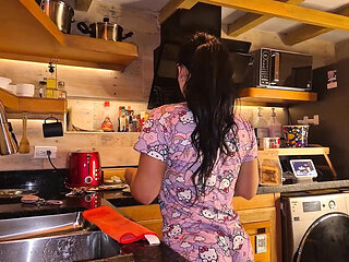 Kitchen Sex with Real Married Couple - Latina Wife Big Tits Cowgirl & Creampie