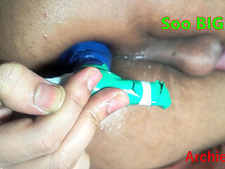 FAILED Anal. Very Big Buttplug in Brown Shaved Indian Pink TIGHT Ass asshole.  Big Gape