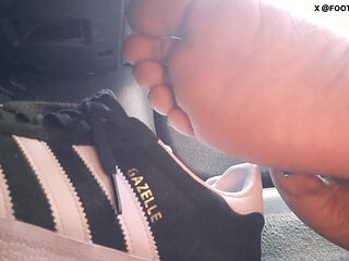 Barefoot Passenger Blue Toes Foot Play While Riding in the Car