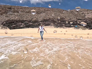 Girl Wetting Jeans in the Ocean and Swimming in Wet White T-shirt