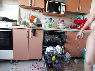 Sexy naked wife preparing food in the kitchen. Hairy brunette hair, big ass, big tits