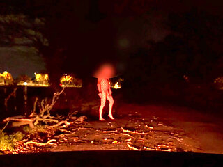 Twerking and jerking Wearing just a fishnet body suit stocking then stripping naked at side of road