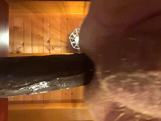 Close-up of grandpa's balls and the penetration of his 50 cm long black dildo