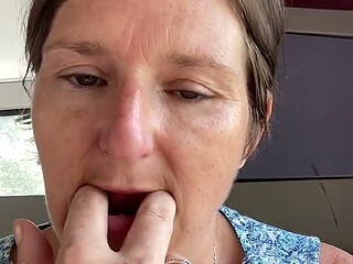 Stepmom Plays with Her Smelly Pussy at the Back of the Bus, Then Sniffs and Sucks Her Stinky Fingers!