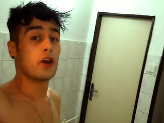 Twink Risky Jerks Cock at the Public Toilet and Cums on Occupied Cabin