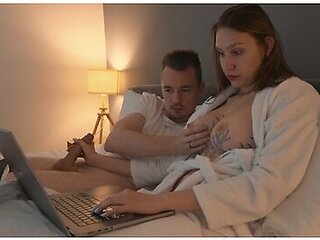 Step Mom Helps To Cum Step Son In Share Bed With Hand Job And Shaved Pussy, But Cant - Kiss Cat And Inked Girl